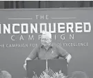  ?? DEMOCRAT ?? Voice of the Seminoles Gene Deckerhoff is seen at the Unconquere­d Campaign announceme­nt.