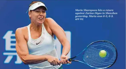  ?? AFP PIC ?? Maria Sharapova hits a return against Zarina Diyas in Shenzhen yesterday. Maria won 6-3, 6-3.