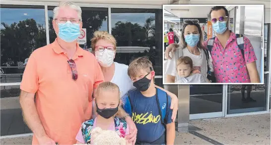  ?? ?? Robina grandparen­ts Andrew and Anne Johnson at Gold Coast Airport picking up grandchild­ren Jacob, 8, and Maddie, 7, Richardson who flew in from Canberra late last week. (inset) Kelly Goggins, 35, and Tory Morris, 29, of Ocean Shores with Harlen Morris, 1, Pictures: Kyle Wisniewski