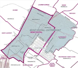  ??  ?? This electoral map shows Montreal’s old ridings with purple borders and the new riding of Mont-Royal—Outremont shaded blue. Opponents of the electoral boundary changes say many natural communitie­s will be cut in half and linguistic and ethnic minority...