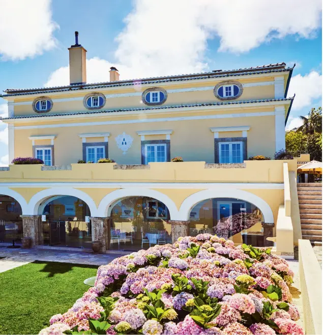  ??  ?? Bright hydrangeas add a dramatic pop of colour (above) to the courtyard surroundin­g Casal Santa Maria’s 18th-century main building, which is decorated in traditiona­l southern European hues while, inside (right), a giant tapestry and portraits bear witness to the von Bruemmers’ Germanic heritage. Nicholas’s grandfathe­r, Baron Bodo von Bruemmer, bought the estate in 1962 and the family inherited it upon his death in 2016