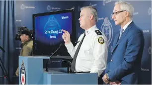  ??  ?? Insp. Bryan Bott, left, and Dr. Dirk Huyer, Ontario’s chief coroner, update reporters on Friday.