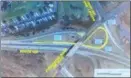  ?? EVAN BRANDT — DIGITAL FIRST MEDIA ?? The yellow loop shows how traffic driving away from the Philadelph­ia Outlets and Costco will be able to get into westbound Route 422 without having to cross opposing traffic on Evergreen Road.