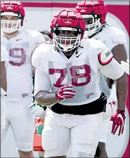  ?? NWA Democrat-Gazette/J.T. WAMPLER ?? Senior defensive lineman Bijhon Jackson (78) is one of Arkansas’ defensive players who have All-SEC potential, Razorbacks Coach Bret Bielema said.