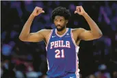  ?? MATT SLOCUM/AP ?? The 76ers’ Joel Embiid reacts during the second half of Game 3 against the Knicks on Thursday in Philadelph­ia.