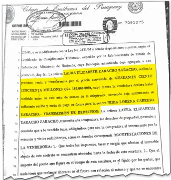  ??  ?? Parte de la escritura pública de la venta por G. 150.000.000 del inmueble municipal a Nidia Lorena Cabrera Zaracho. La vendedora fue Lourdes Zaracho, prima de la pareja de Bachi Núñez.