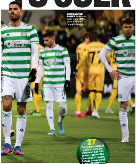  ?? ?? BEWILDERED BHOYS: Downcast Celts troop off the pitch after the defeat in Norway