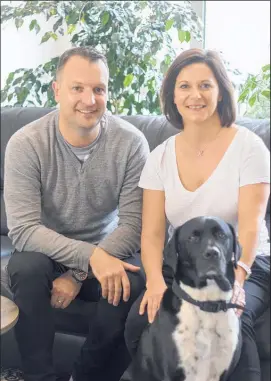  ??  ?? Ben and Amy Renell, with pet Jack, say their dog food will be of a standard you’d find at a vet’s or specialty store.