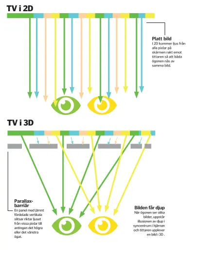  ??  ?? Parallaxba­rriär
En panel med jämnt fördelade vertikala slitsar riktar ljuset från vissa pixlar till antingen det högra eller det vänstra ögat.
Platt bild
I 2D kommer ljus från alla pixlar på skärmen rakt emot tittaren så att båda ögonen nås av samma...