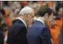  ?? NICK LISI - THE ASSOCIATED PRESS ?? Syracuse coach Jim Boeheim, left, bows his head during a moment of silence for the man killed in a fatal crash involving coach Boeheim, before the team’s NCAA college basketball game against Duke in Syracuse, N.Y., Saturday, Feb. 23, 2019. Duke won 75-65.