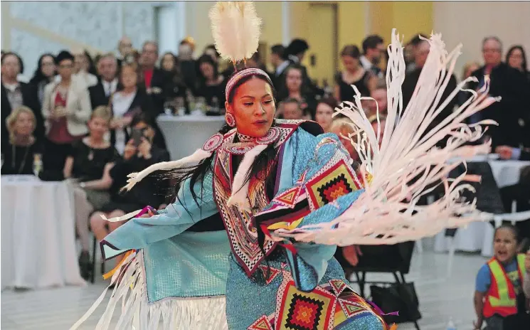  ?? LARRY WONG ?? Waniya Cardinal, a member of the Running Thunder Dancers, performs at the Mayor’s Celebratio­n of the Arts at City Hall on Thursday night.