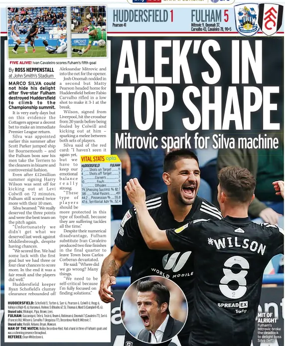  ??  ?? FIVE ALIVE! Ivan Cavaleiro scores Fuham’s fifth goal
MIT OF ALRIGHT Fulham’s Mitrovic broke the deadlock to delight boss Silva (left)