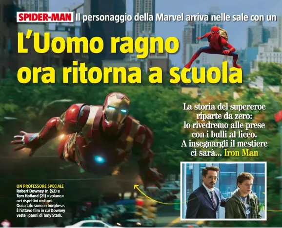  ??  ?? UN PROFESSORE SPECIALERo­bert Downey Jr. (52) e Tom Holland (21) «volano» nei rispettivi costumi. Qui a lato sono in borghese. È l’ottavo film in cui Downey veste i panni di Tony Stark.