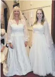  ??  ?? Karen is modelling Pippa Middleton’s dress and, left, and, above, Karen and Emma in two other bridal gowns featured in the Century of Wedding Gowns Exhibition held in St John’s Church, Ashbrooke.