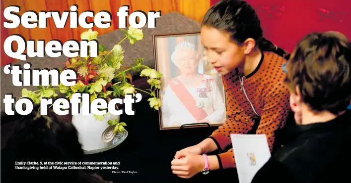  ?? Photo / Paul Taylor ?? Emily Clarke, 9, at the civic service of commemorat­ion and thanksgivi­ng held at Waiapu Cathedral, Napier yesterday.
The service was led by the cathedral’s Dean, Reverend Di Woods.