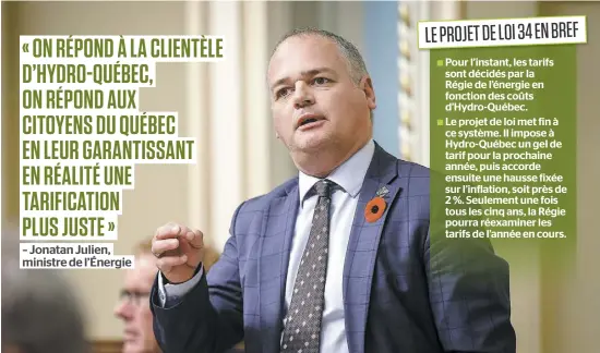  ?? PHOTO SIMON CLARK ?? Le projet de loi 34, parrainé par le ministre de l’Énergie, Jonatan Julien (ici, hier, à l’Assemblée nationale), est notamment décrié par les partis d’opposition, les groupes de protection du consommate­ur, les PME ainsi que par les grandes entreprise­s.