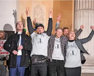  ?? PHOTO: FINNBARR WEBSTER/GETTY IMAGES ?? Sage Willoughby, Jake Skuse, Milo Ponsford and Rhian Graham celebrate after their ‘not guilty’ verdict at Bristol Crown Court in January