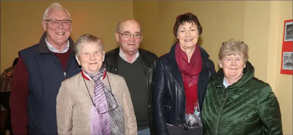  ??  ?? Pat Cousins, Ursula Cousins, Des Gahan, Eileen Nolan and Kit Nolan at the Boolavogue National School photograph­ic exhibition to celebrate moving into the ‘new’ school 60 years ago, hosted by the Parents’ Associatio­n.