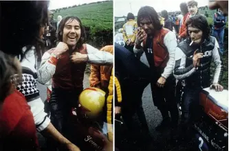  ??  ?? A laugh before the helmet goes on and the bike is fired up. There was always time to smoke on the grid. Few, if any, would try to stop this.