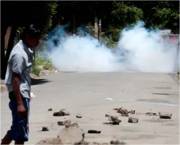  ??  ?? A homemade bomb explodes near a barricade in the indigenous community of Monimbo in Masaya, Nicaragua. — Reuters photo