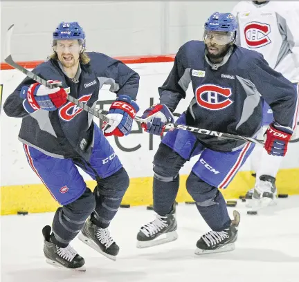  ?? JOHN MAHONEY /MONTREAL GAZETTE ?? Canadiens defencemen Jeff Petry and P.K. Subban skate through a drill during practice at the team’s training facility in Brossard on Wednesday. “My game’s making strides, but there’s more for me to improve on,” Subban says.