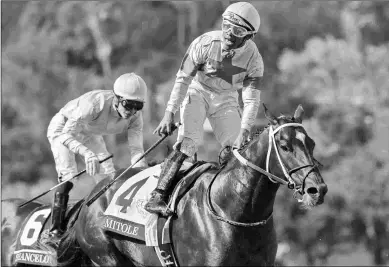  ?? BARBARA D. LIVINGSTON ?? Jockey Ricardo Santana Jr. celebrates Mitole’s victory in Saturday’s Breeders’ Cup Sprint.