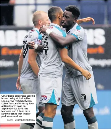  ?? HARRY HUBBARD/PRIME MEDIA ?? Omar Bogle celebrates scoring his second goal during the League Two match between Luton Town and Grimsby Town at Kenilworth Road on September 10, 2016. The Mariners won 2-1 and have rarely reached that level of performanc­e since.