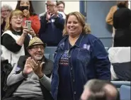  ?? BEN HASTY — MEDIANEWS GROUP ?? Mary Kozak, Berks’ newly elected recorder of deeds, is applauded by supporters during a post-election event at the Reading Regional Airport in Bern Township.