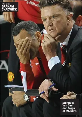  ?? PICTURE: GRAHAM CHADWICK ?? Stunned: Van Gaal and Giggs at MK Dons