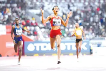  ?? AFP photo ?? File photo taken on October 3, 2019 shows Bahrain’s Salwa Eid Naser winning the Women’s 400m final at the 2019 IAAF Athletics World Championsh­ips at the Khalifa Internatio­nal stadium in Doha. -