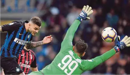  ?? REUTERS PIC ?? Inter Milan’s Mauro Icardi scores past AC Milan goalkeeper Gianluigi Donnarumma in their Serie A match at San Siro on Sunday.