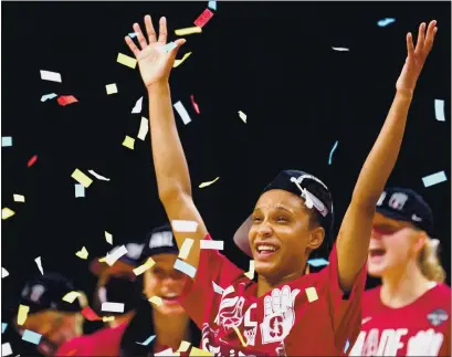  ?? CARMEN MANDATO — GETTY IMAGES ?? Stanford’s Kiana Williams celebrates their win over Louisville in the Elite Eight round of the NCAA women’s tournament at the Alamodome on Tuesday in San Antonio, Texas.