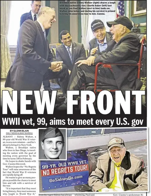  ??  ?? Brooklyn native Sidney Walton (right) shares a laugh with Massachuse­tts Gov. Charlie Baker (left) last week as son Paul Walton (next to him) looks on. Walton (also below and during his service) is primed to bring his awareness tour to Gov. Cuomo.