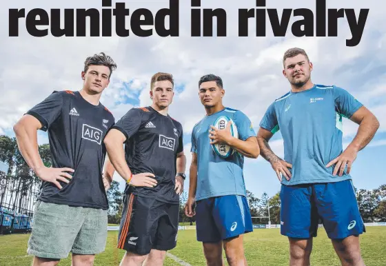  ?? Picture: JERAD WILLIAMS ?? Former Gold Coast junior representa­tive teammates Leroy Carter (New Zealand), Kohan Herbert (New Zealand), Noah Lolesio (Australia) and Egan Siggs (Australia) are competing for their respective nations in the Oceania Rugby Under-20 Championsh­ip at Bond University.