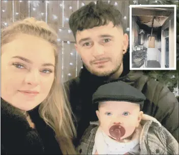  ??  ?? RUINED Chloe Whitehead with partner James Carruthers, 27, and their son Arlo. Inset: The kitchen which went up in flames at their new flat in Rothesay Road, Gosport