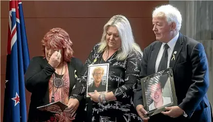  ?? KEVIN STENT/STUFF ?? Family members, from left, Anna Osborne, Sonya Rockhouse and Bernie Monk at the announceme­nt as Andrew Little, Pike River Minister, confirms re-entry to recover the 29 bodies from the mine in February 2019.