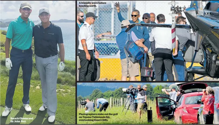  ??  ?? Photograph­ers stake out the golf on Tepene Tablelands Rd, overlookin­g Kauri Cliffs. Barack Obama and Sir John Key. A friendly wave before heading north.