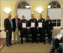  ?? SUBMITTED PHOTO ?? Ridley Park handed out some kudos recently to borough police officers. From left are Ridley Park Council President Jim Glenn, Mayor Hank Eberle, officers Steve Corsi, Josh Powley, Tom Byrne, and Police Chief Robert Frazier.