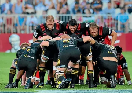  ?? PHOTO: PHOTOSPORT ?? The Crusaders are the home of the scrummage in New Zealand with their front row of, from left, Owen Franks, Codie Taylor and Joe Moody.