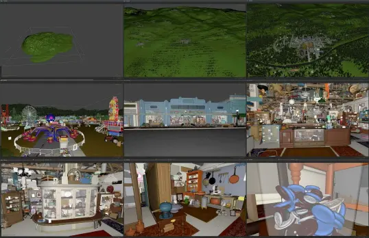  ??  ?? Above: Hydra provides a scalable rendering backend to USD to allow artists to interact with large scenes, with the ability to zoom into the smallest detail
Right (top): Toy Story 4 antiques mall shot shows off the number of props
Right (bottom): Different artists can work concurrent­ly on assets when a studio leverages USD’S compositio­n engine to put the pieces together