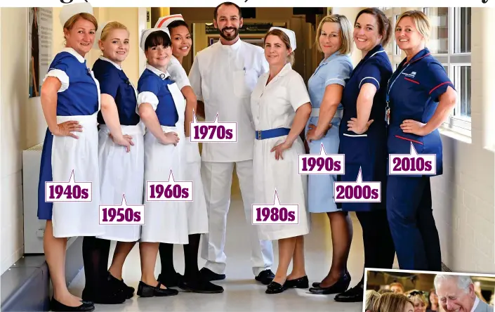  ??  ?? From caps to casual wear: Nine nurses at Trafford General Hospital show how uniforms have evolved over the years