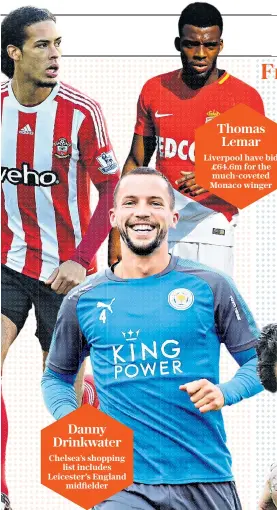  ??  ?? Danny Drinkwater Chelsea’s shopping list includes Leicester’s England midfielder Thomas Lemar Liverpool have bid £64.6m for the much-coveted Monaco winger