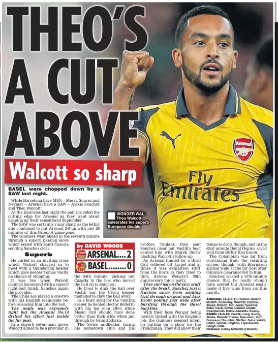  ??  ?? WONDER WAL: Theo Walcott celebrates his superb European double