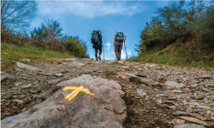  ?? Photograph: My Travel Lessons/Alamy ?? Two pilgrims follow a yellow waymark on the Camino de Santiago.