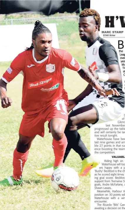  ?? RUDOLPH BROWN ?? Boys’ Town’s Andrew Peddlar (left) moves away from Kimanie Arbouine of Arnett Gardens during the Red Stripe Premier League clash between Boys’ Town and Arnett Gardens at the Barbican Complex yesterday. Boys’ Town won 2-1.