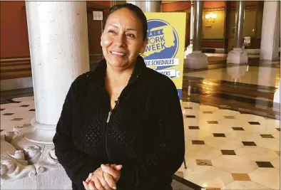  ?? Franklin Soults / SEIU 32BJ / Contribute­d photo ?? Elva Salazar at the state Capitol in Hartford during a visit in support of the Fair Work Week bill on April 12.