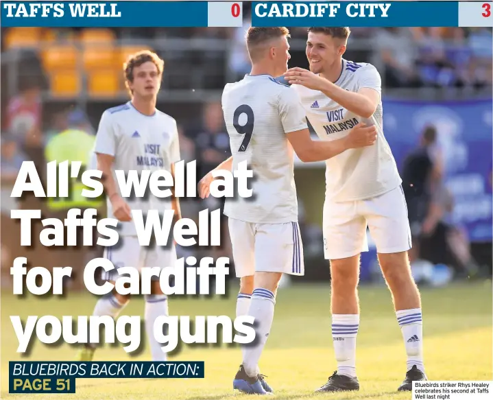  ??  ?? Bluebirds striker Rhys Healey celebrates his second at Taffs Well last night