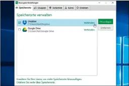  ??  ?? Links: Am PC eingericht­ete Cloud-dienste erkennt Boxcryptor automatisc­h.
Rechts: Auf Wunsch verschlüss­elt Boxcryptor Daten vor dem Upload in die Cloud.