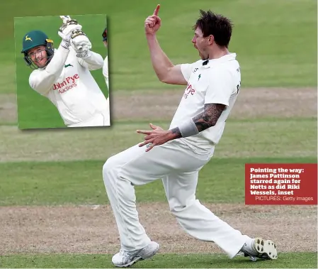  ?? PICTURES: Getty Images ?? Pointing the way: James Pattinson starred again for Notts as did Riki Wessels, inset