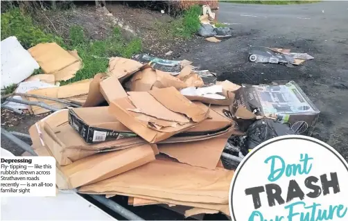  ??  ?? Depressing
Fly- tipping — like this rubbish strewn across Strathaven roads recently — is an all-too familiar sight
